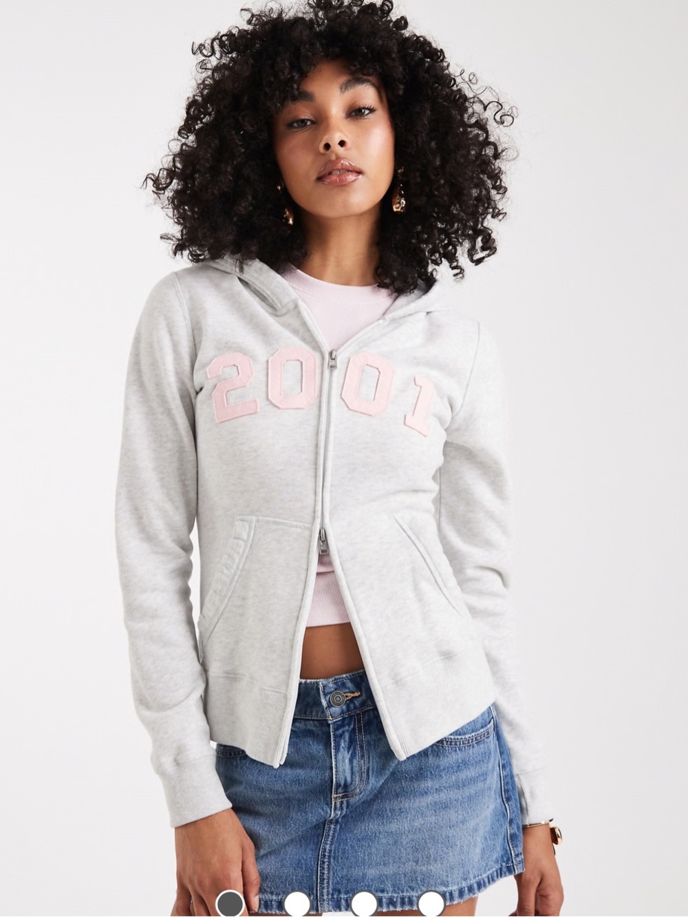 Hollister Light Gray Zip Hoodie with Pink ’2001’ Appliqué